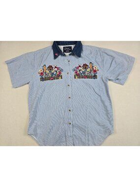 Vintage Embroidered Floral Garden Button-Up Shirt M Striped Short Sleeve Teacher